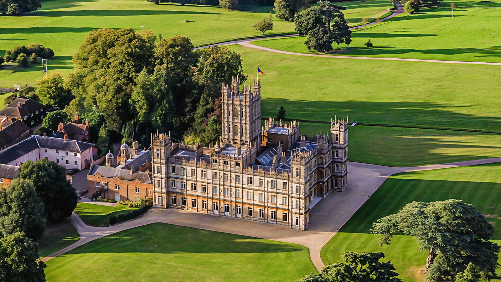 Aerial view of Highclere Castle and its green Hampshire parkland